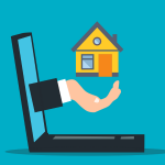 A cartoon hand coming out of a laptop screen which is holding a house to protect from rental risks