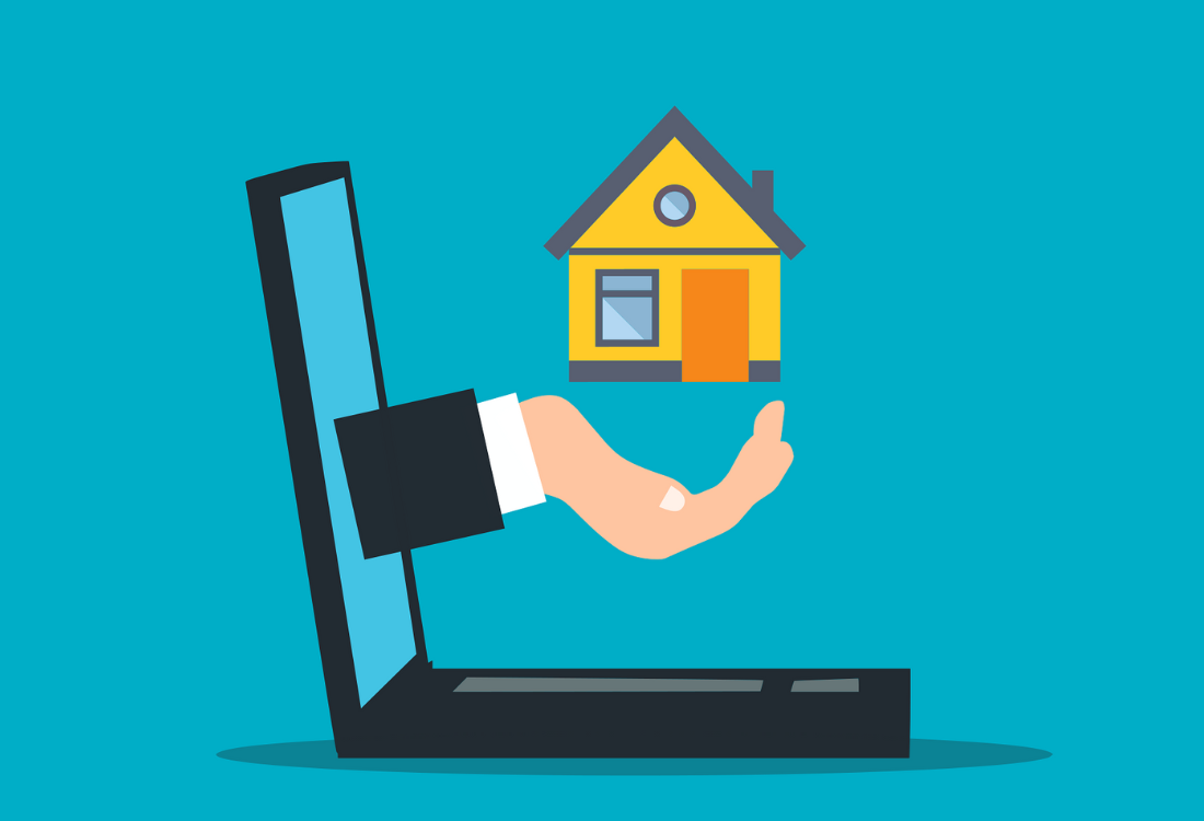 A cartoon hand coming out of a laptop screen which is holding a house to protect from rental risks